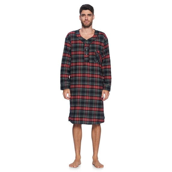 ashford & brooks mens flannel plaid long sleep shirt henley nightshirt - black stewart - 3x-large