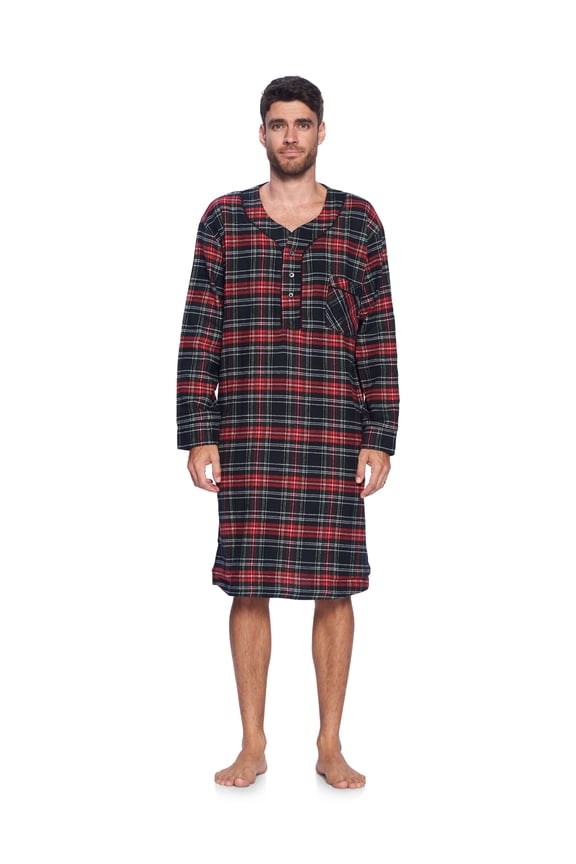 mens flannel plaid long sleep shirt henley nightshirt