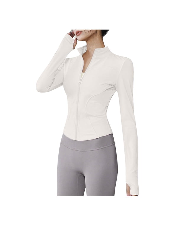 Athletic Jackets for Women Full Zip Workout Long Sleeve Stretchy Casual Outdoor Hiking Shirts Stand Collar Sports Tops(Medium,White)