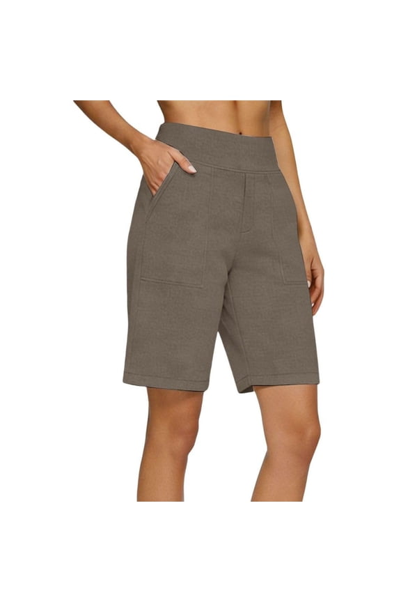 Bermuda Shorts for Women Cotton Linen High Waisted Straight-Leg Solid Color Casual Summer Shorts with Pocket