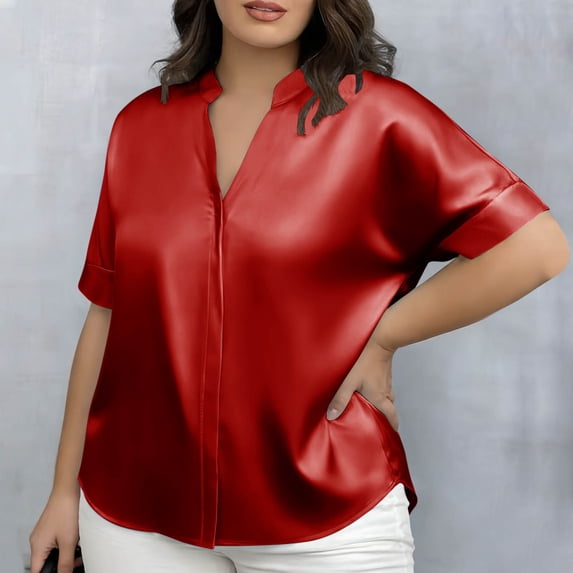 asjyhkr Blouses for Women Plus Size Button Down Short Sleeve Satin Silk Date Night Fashionable Casual Tops
