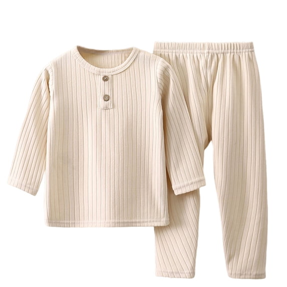asjyhkr Boys Girls 2 Piece Outfits Loungewear Long Sleeve Shirts Ribbed Comfy Casual Pants Daily Wear Home Pants Sets(3-4 Years,Beige)