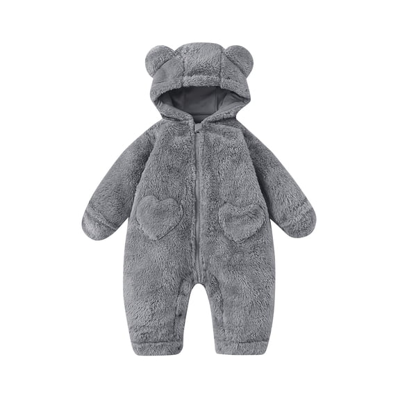 asjyhkr Boys Girls Fuzzy Rompers with Fold-Over Mittens Hooded Full Zip Coat Thick Warm Comfy Loungewear Winter Jumpsuits(0-3 Months,Gray)