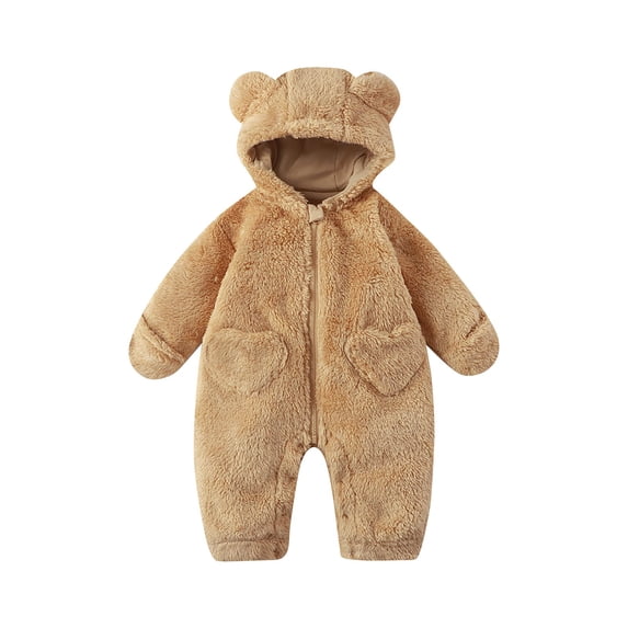 asjyhkr Boys Girls Fuzzy Rompers with Fold-Over Mittens Hooded Full Zip Coat Thick Warm Comfy Loungewear Winter Jumpsuits(3-6 Months,Coffee)