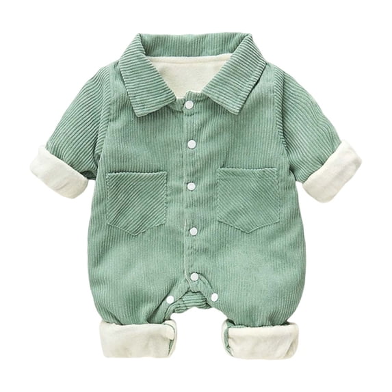 asjyhkr Boys Girls Rompers Thick Warm Fall Winter Fleece-Lined Lapel Button-Up Jumpsuit Casual Loungewear Coat with Pocket(9-12 Months,Green)