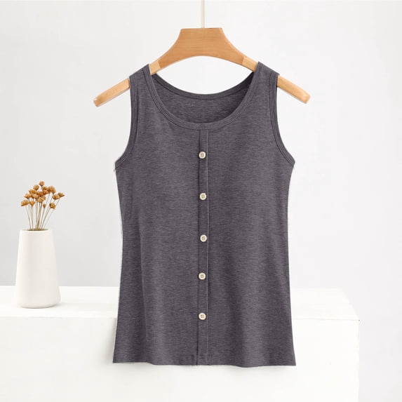 asjyhkr Built in Bra Tank Tops for Women Button Loose Crew Neck Summer Outfits Daily Casual Loungewear Sleeveless Tops
