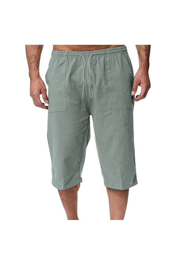 Capri Pant for Men Cotton Linen Drawstring Lightweight Comfy Summer Beach Lounge Trousers with Pockets