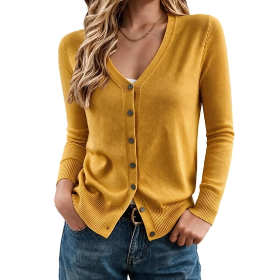 Yellow Shop Front asjyhkr Cardigan Sweaters for Women Button Open Front V-Neck Knitted ...