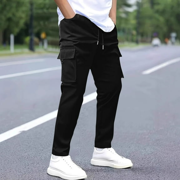 asjyhkr Cargo Pants for Men Elastic Waist Drawstring Straight Leg Stretch Hiking Work Trousers with Multi Pockets