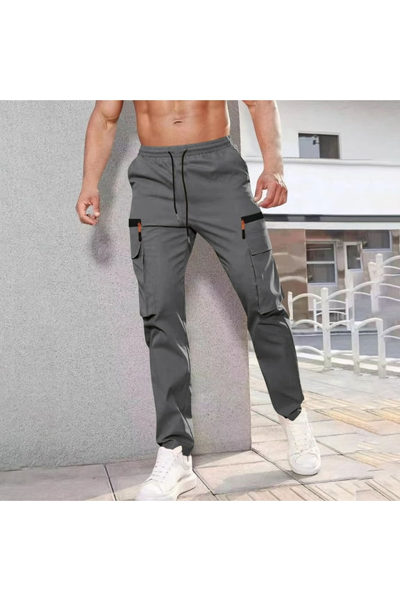 Cargo Pants for Men Stretch Breathable Drawstring Elastic Work Pants with Zipper Pockets