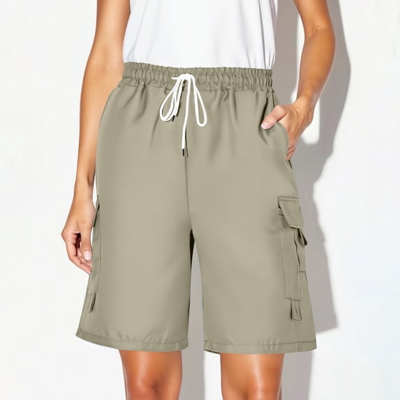 asjyhkr Cargo Shorts Women Elastic Waist Drawstring Breathable Hiking Camping Work Shorts with Multi Pockets