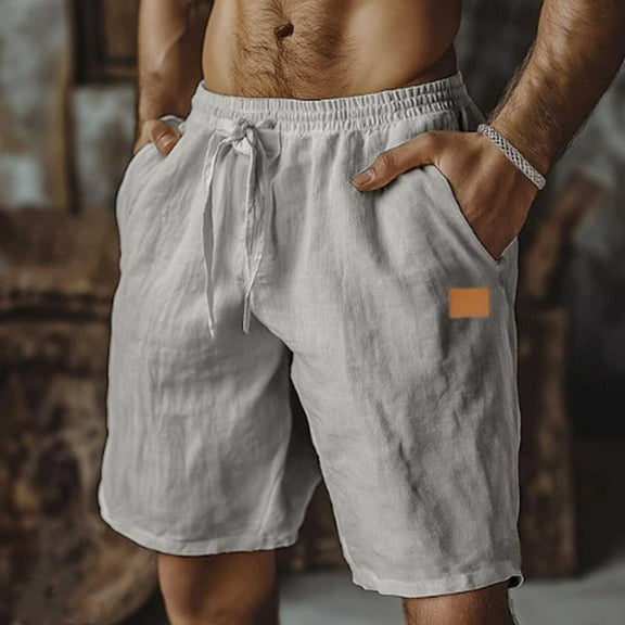 asjyhkr Cotton Linen Shorts for Men Casual Lightweight Comfy Drawstring with Pockets Elstic Waist Beach Board Shorts(S-3XL)