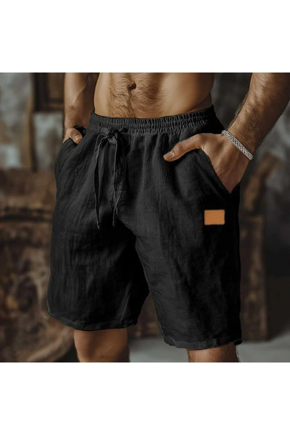 Cotton Linen Shorts for Men Casual Lightweight Comfy Drawstring with Pockets Elstic Waist Beach Board Shorts(S-3XL)