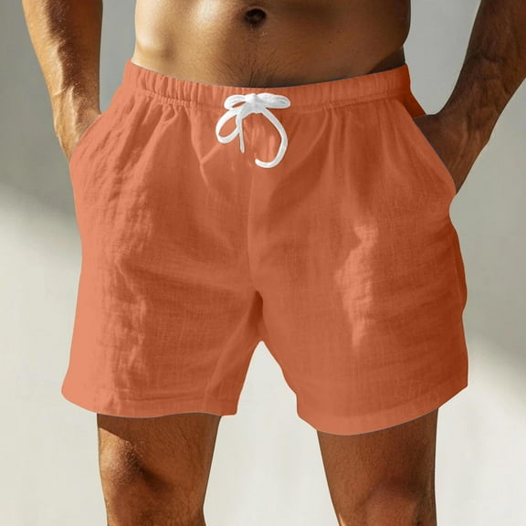 asjyhkr Cotton Linen Shorts for Men Drawstring Elastic Waist 5 Inch with Pockets Sumemr Casual Beach Shorts