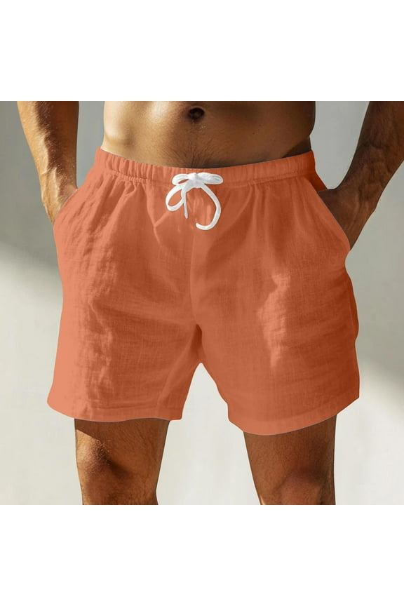 Cotton Linen Shorts for Men Drawstring Elastic Waist 5 Inch with Pockets Sumemr Casual Beach Shorts
