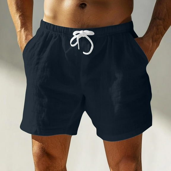 asjyhkr Cotton Linen Shorts for Men Drawstring Elastic Waist 5 Inch with Pockets Sumemr Casual Beach Shorts