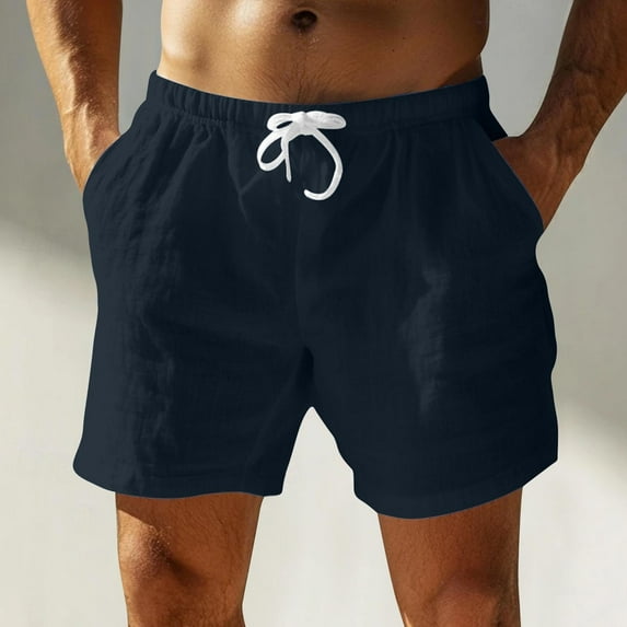 asjyhkr Cotton Linen Shorts for Men Drawstring Elastic Waist 5 Inch with Pockets Sumemr Casual Beach Shorts