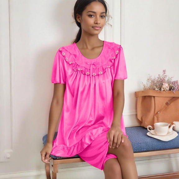 asjyhkr Womens Pajama Sets 2 Piece Lace Crew Neck Short Sleeve Sleep Dress High Waist Shorts Set Plush Soft Breathable Solid Color Homewear Pjs