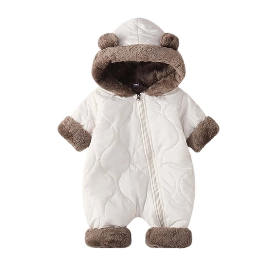 asjyhkr Fleece Hooded Rompers for Boys Girls Comfy Puffer Thick Warm Coat Fall Winter Soft Casual Jumpsuit for Kids(12-18 Months,White)
