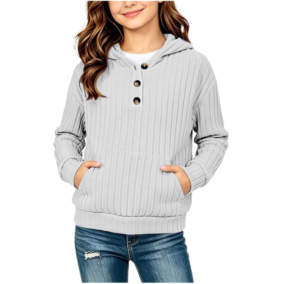 asjyhkr Girls Knitted Hoodies Long Sleeve Pullover Ribbed Soft Comfy Everyday Wear Teens 1/4 Button Fall Fashion Tops(12-13 Years,White)