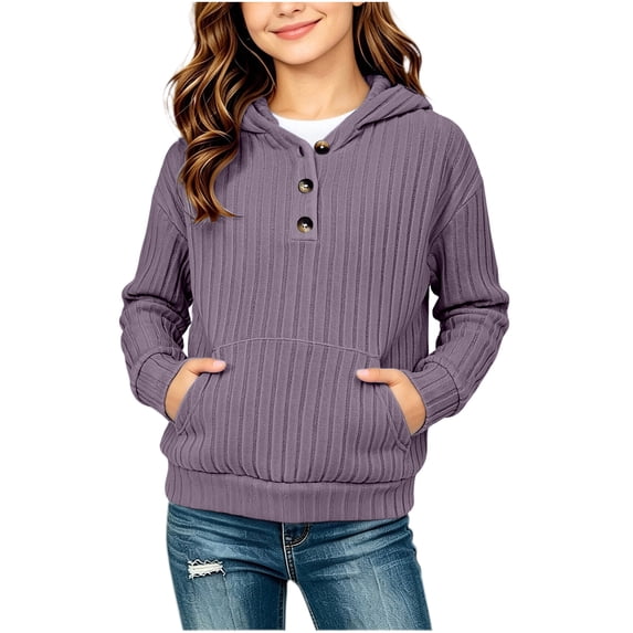 asjyhkr Girls Knitted Hoodies Long Sleeve Pullover Ribbed Soft Comfy Everyday Wear Teens 1/4 Button Fall Fashion Tops(5-6 Years,Purple)