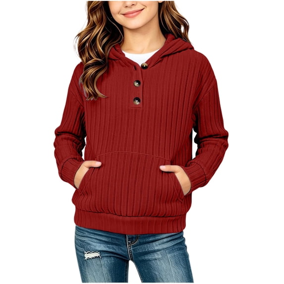 asjyhkr Girls Knitted Hoodies Long Sleeve Pullover Ribbed Soft Comfy Everyday Wear Teens 1/4 Button Fall Fashion Tops(5-6 Years,Red)
