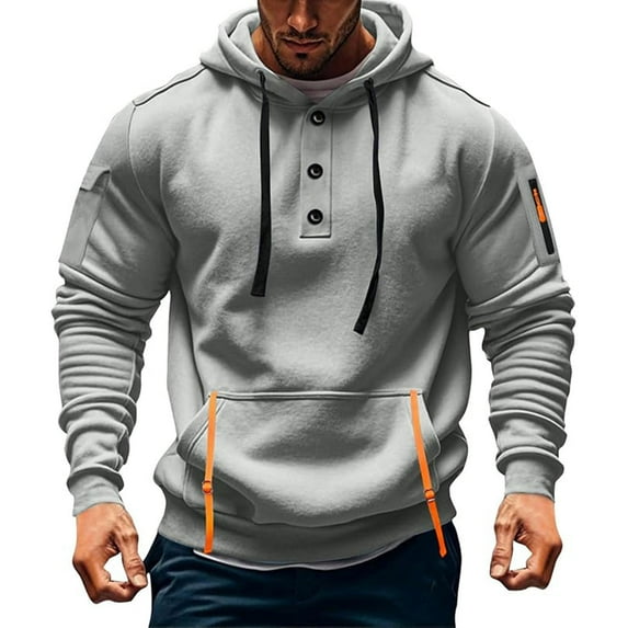 asjyhkr Hoodies for Men Long Sleeve Button Crew Neck Drawstring Hooded Pullover Fashion Solid Color Thermal Breathable Gym Workout Running Sweatshirts with Pockets
