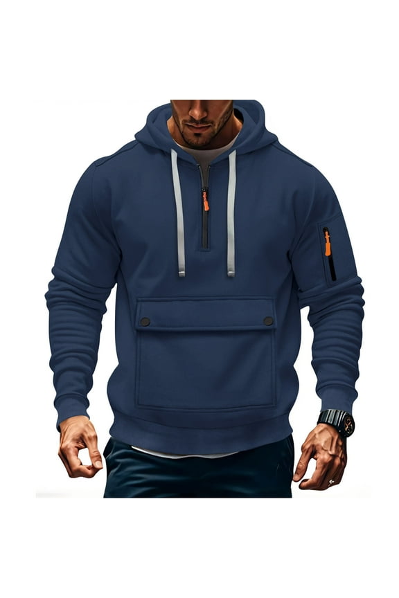 Hoodies for Men Drawstring Zipper Hooded Long Sleeve Cargo Shirts Thermal Work Outdoor Vacation Sweatshirts with Pocket