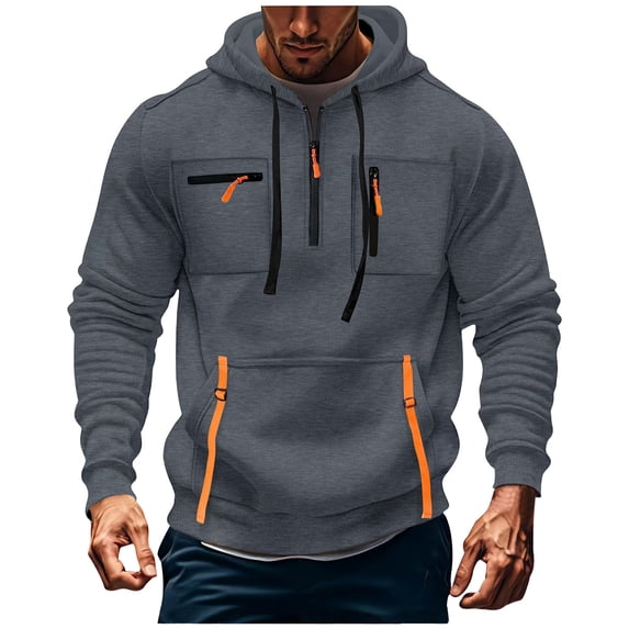 asjyhkr Hoodies for Men with Multi Pockets Long Sleeve Drawstring Zipper Hooded Cargo Shirts Running Gym Work Pullover