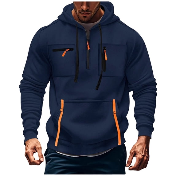 asjyhkr Hoodies for Men with Multi Pockets Long Sleeve Drawstring Zipper Hooded Cargo Shirts Running Gym Work Pullover