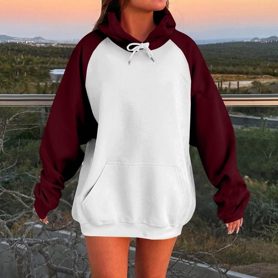 asjyhkr Hoodies for Women Drawstring Hooded Long Sleeve Pullover Color Block Casual Fashion Vacation Workout Hiking Tops with Pockets