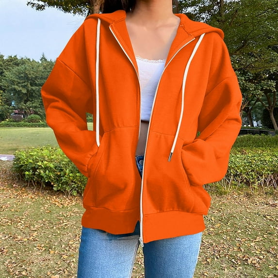 asjyhkr Hoodies for Women Long Sleeve Drawstring Hooded Zipper Cardigan Solid Color Fashion Casual Loose Running Gym Workout Tops with Pockets