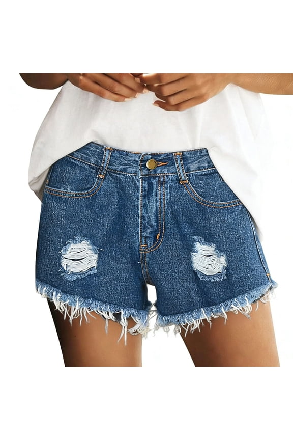 Jeans Short for Women Mid Waist Ripped Distressed Stretchy Frayed Hem Design Summer Casual Denim Shorts