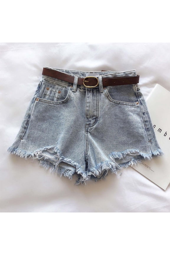 Jeans Shorts for Women High Waist with Pocket Belt Thin Solid Color Frayed Edge Ripped Vacation Casual Shorts