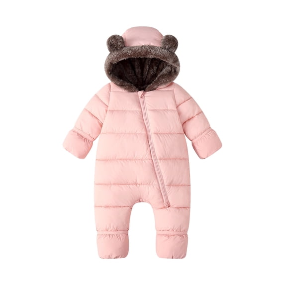 asjyhkr Kid Boys Girls Puffer Rompers with Footies Fleece Thermal Zip up Jacket Fall Winter Hooded Jumpsuit Daily Wear(9-12 Months,Pink)