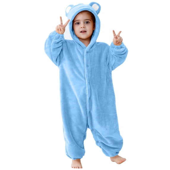 asjyhkr Kids Fleece Hooded Romper Toddler Boys Girls Casual Daily Homewear Jumpsuit Comfy Loungewear Thermal Winter Bodysuit(9-12 Months,Blue)