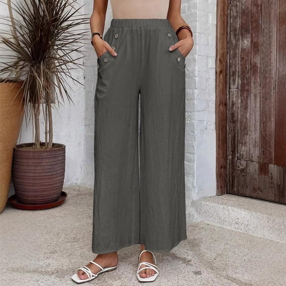 asjyhkr Linen Pants Women High Waist Lightweight Casual Hiking Beach Vacation Pants with Button Pockets