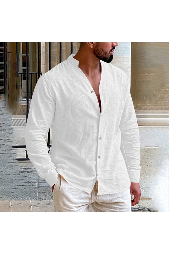 Long Sleeve Linen Shirts for Men Button Down Custom Imitation Lightweight Vacation Beach Shirts