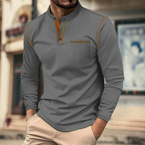 asjyhkr Long Sleeve for Men Button Crew Neck Color Block Shirts Lightweight Casual Hiking Outdoor Vacation Pullover