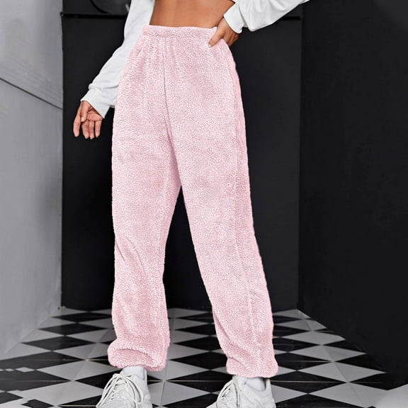 asjyhkr Lounge Pants for Women Jogger Elastic Waist Home Fleece Lined Thermal Casual Trousers with Pockets