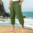 thumbnail image 1 of asjyhkr Men Beach Pants Cotton Linen Elastic Drawstring Lightweight Breathable Capri Pants with Pockets, 1 of 6