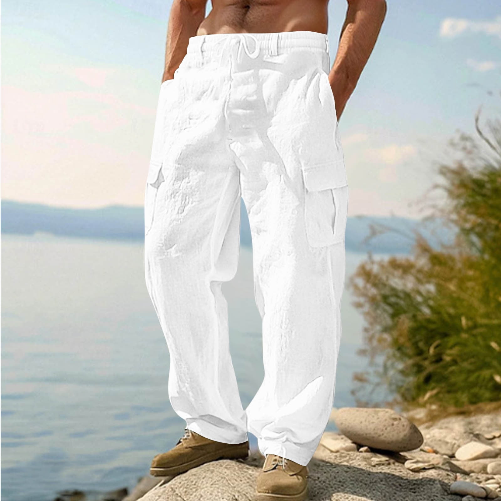 asjyhkr Men Cargo Pants Cotton Linen Drawstring Elastic Straight