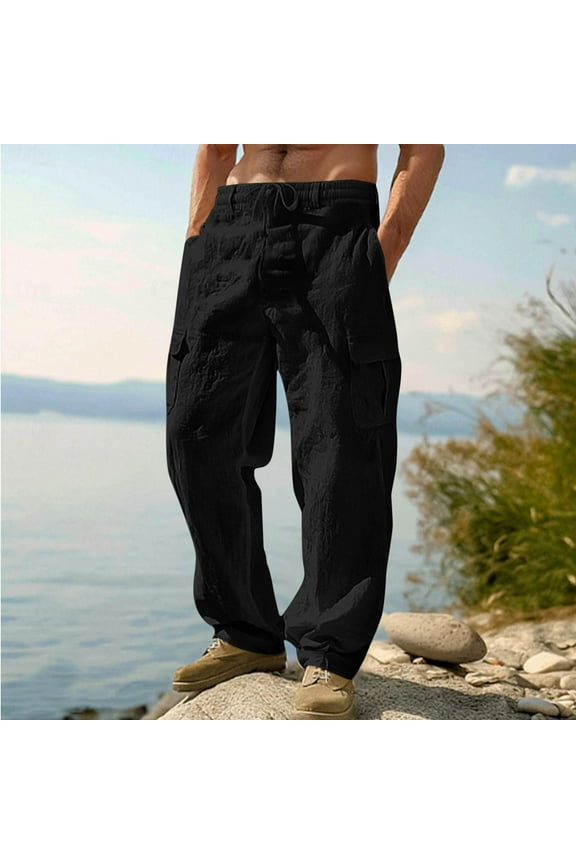 Men Cargo Pants Cotton Linen Drawstring Elastic Straight Leg Hiking Beach Pants with Pockets