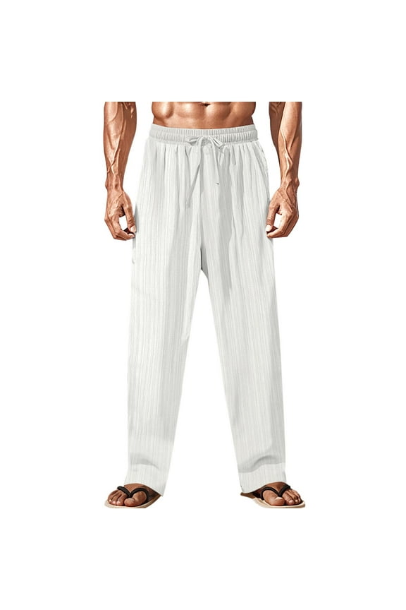 Men Casual Pants Lightweight Breathable Elastic Waist Drawstring Hiking Camping Pants with Pockets