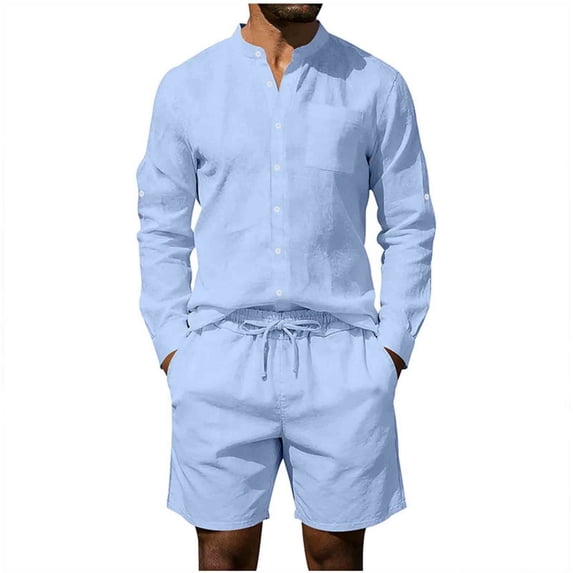 asjyhkr Mens 2 Piece Casual Outfits Long Sleeve Button-Up Shirts Drawstring Breathable Shorts Summer Vacation Travel Sets(X-Large,Light Blue)