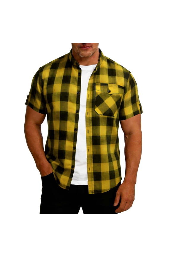 Mens Button down Flannel Shirts Plaid Short Sleeve Casual Summer Tops with Pockets