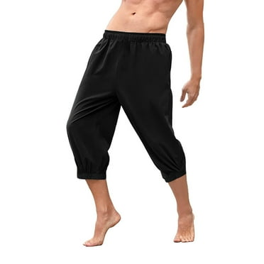 asjyhkr Mens Capri Joggers Cotton Linen Drawstring Elastic Sweatpants Wiht Pockets Athletic Running Gym Trousers