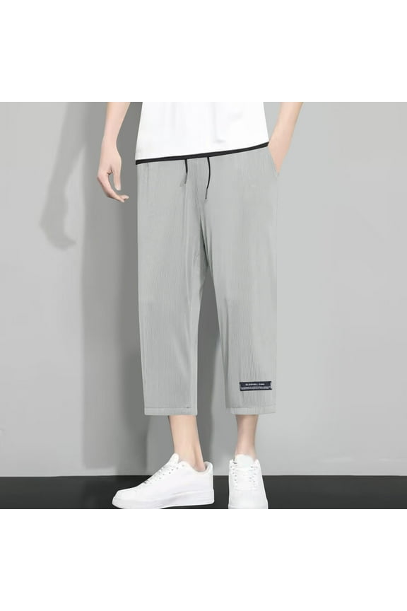 Mens Capri Pants Cotton Linen Elastic Waist Drawstring Casual Beach Pants with Pockets Summer