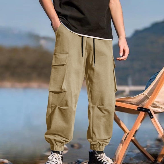 asjyhkr Mens Cargo Pants Drawstring Elastic Waist Breathable Hiking Camping Outdoor Trousers with Multi Pockets