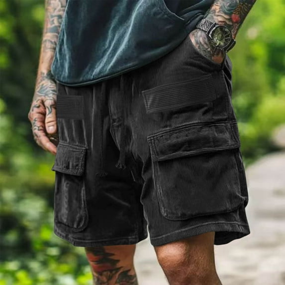 asjyhkr Mens Cargo Shorts Corduroy Elastic Waist Drawstring Breathable Hiking Work Camping Shorts with Multi Pockets